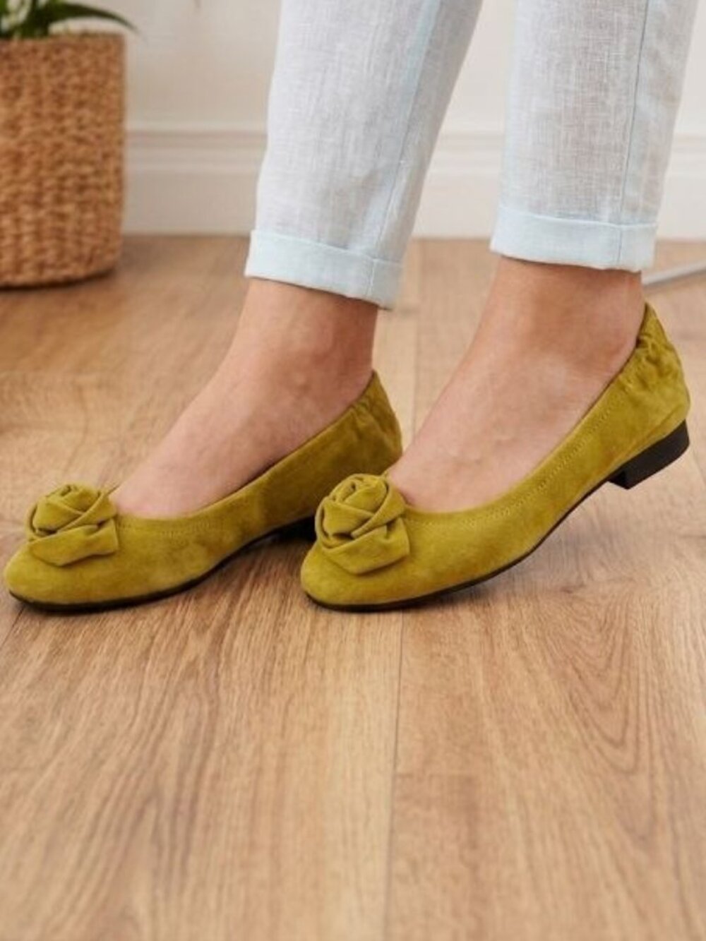 Martinez Valero yellow suede flats with rosette detail, size 7